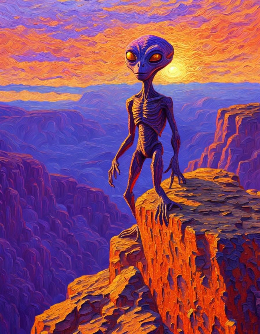 Vibrant Expressionist Oil Painting of Alien on Cliff