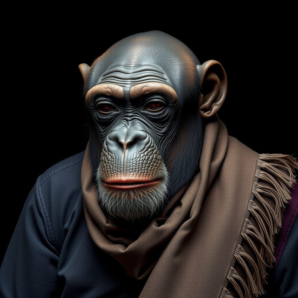 African-Inspired Chimpanzee Portrait in Dark Gray and Earth ...
