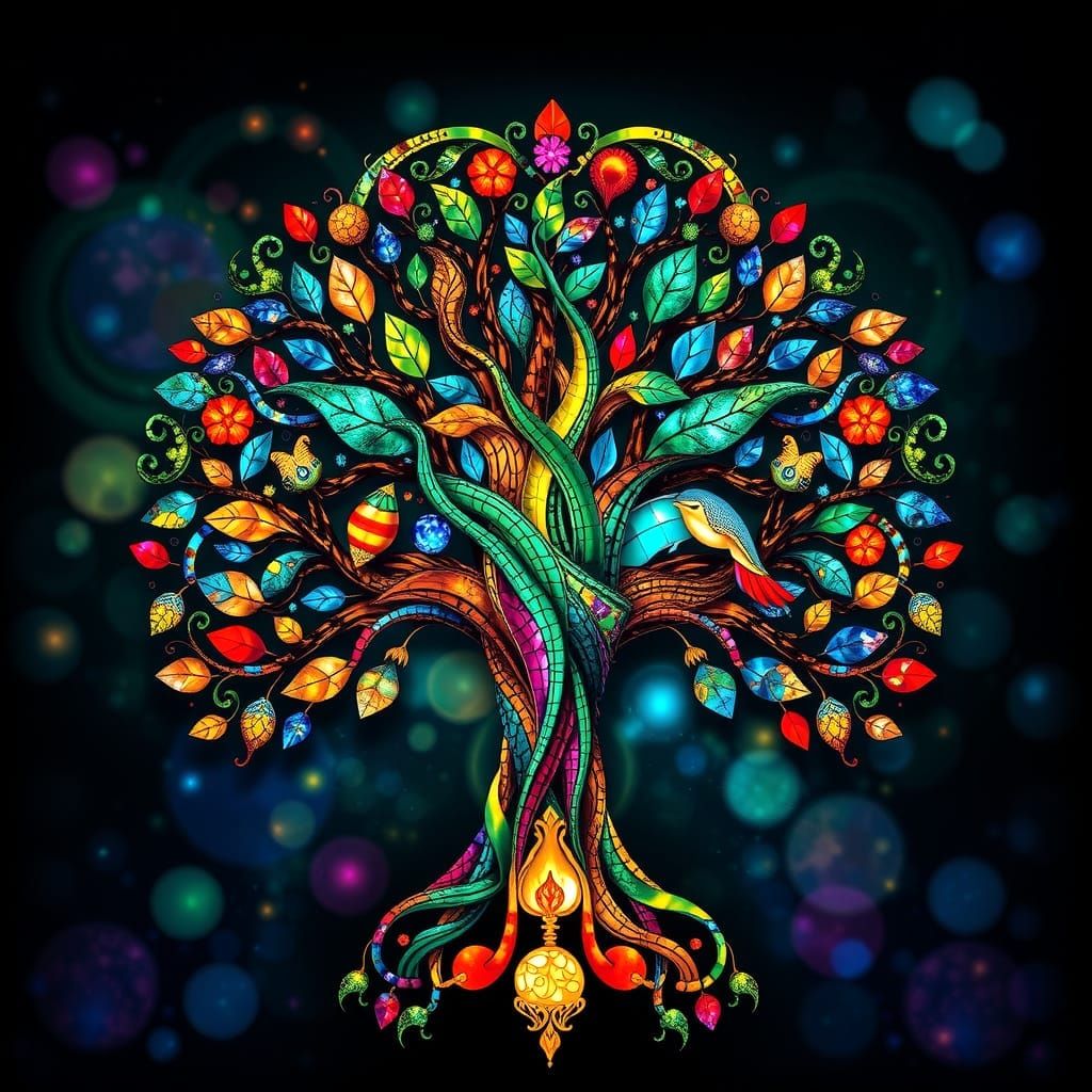 Vibrant Celtic Tree of Life in Stained Glass