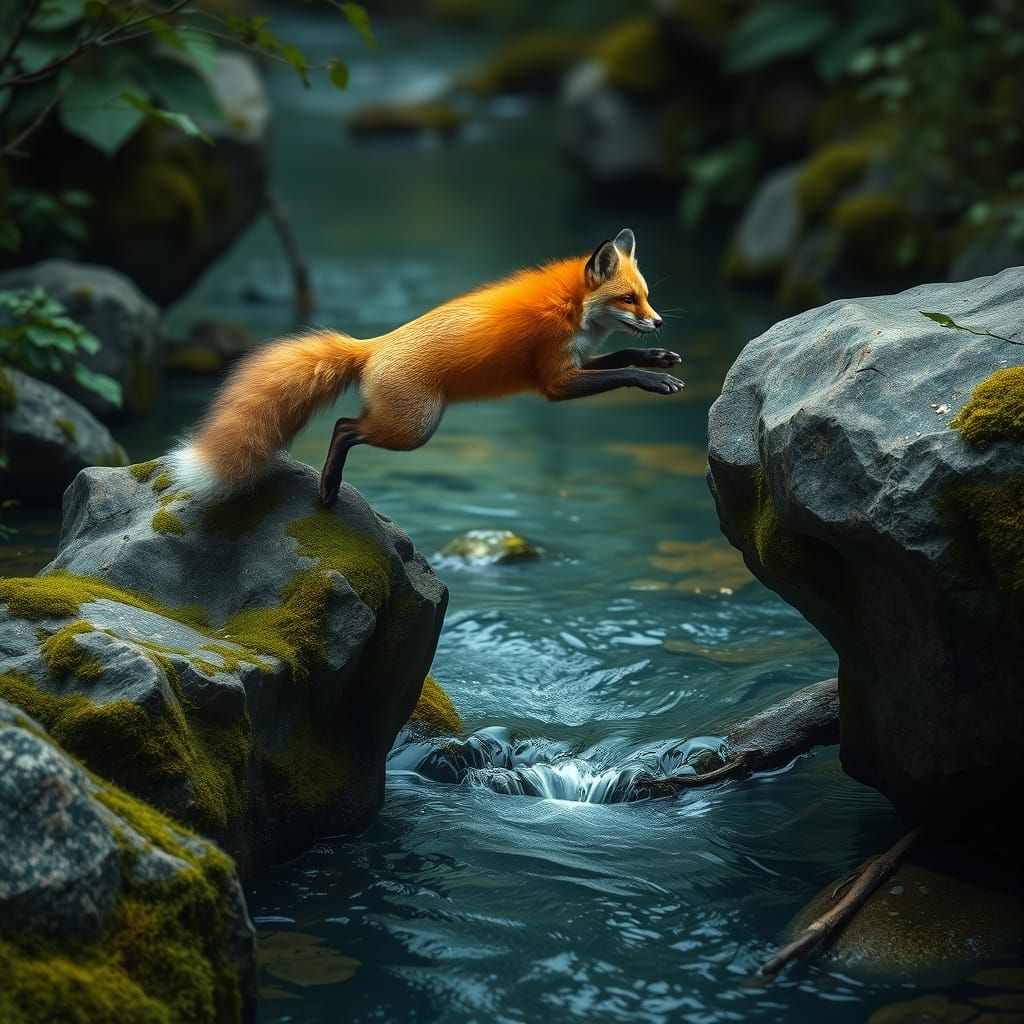 Firefox Leaping Over Serene Stream in Photorealistic Style