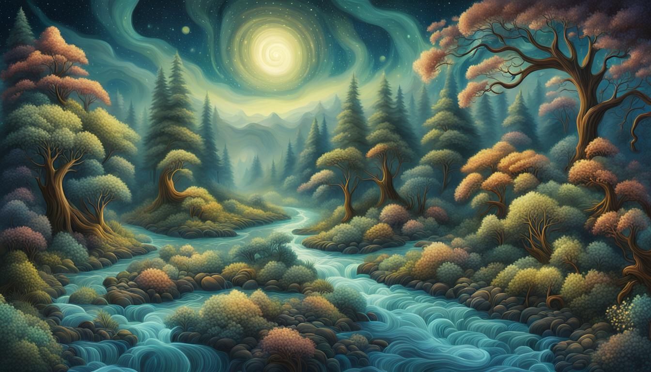 A river flows through the woodland on a starry night. magica...