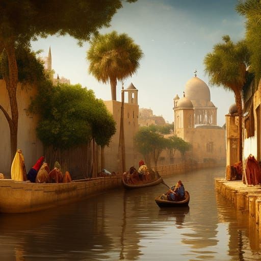 Golden Medieval Arabian City with River Delta