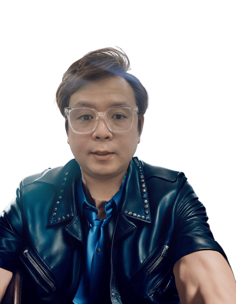 Dramatic Black Leather Jacket with Blue Tie