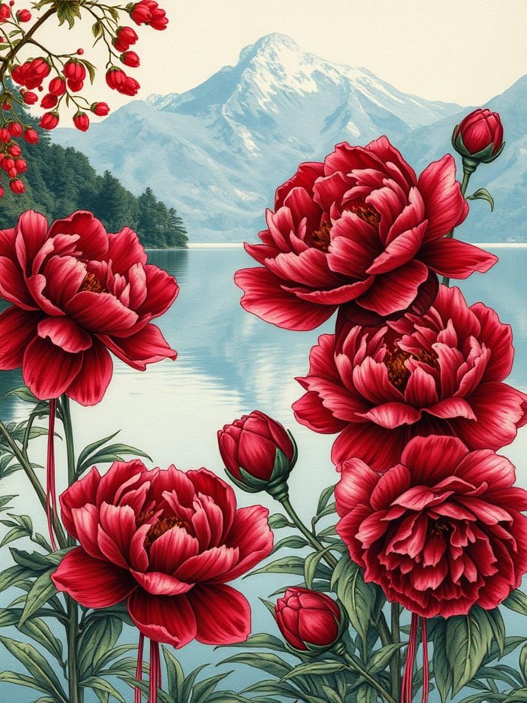 Burgundy Peonies by Lake: Shin-Hanga Style Digital Art