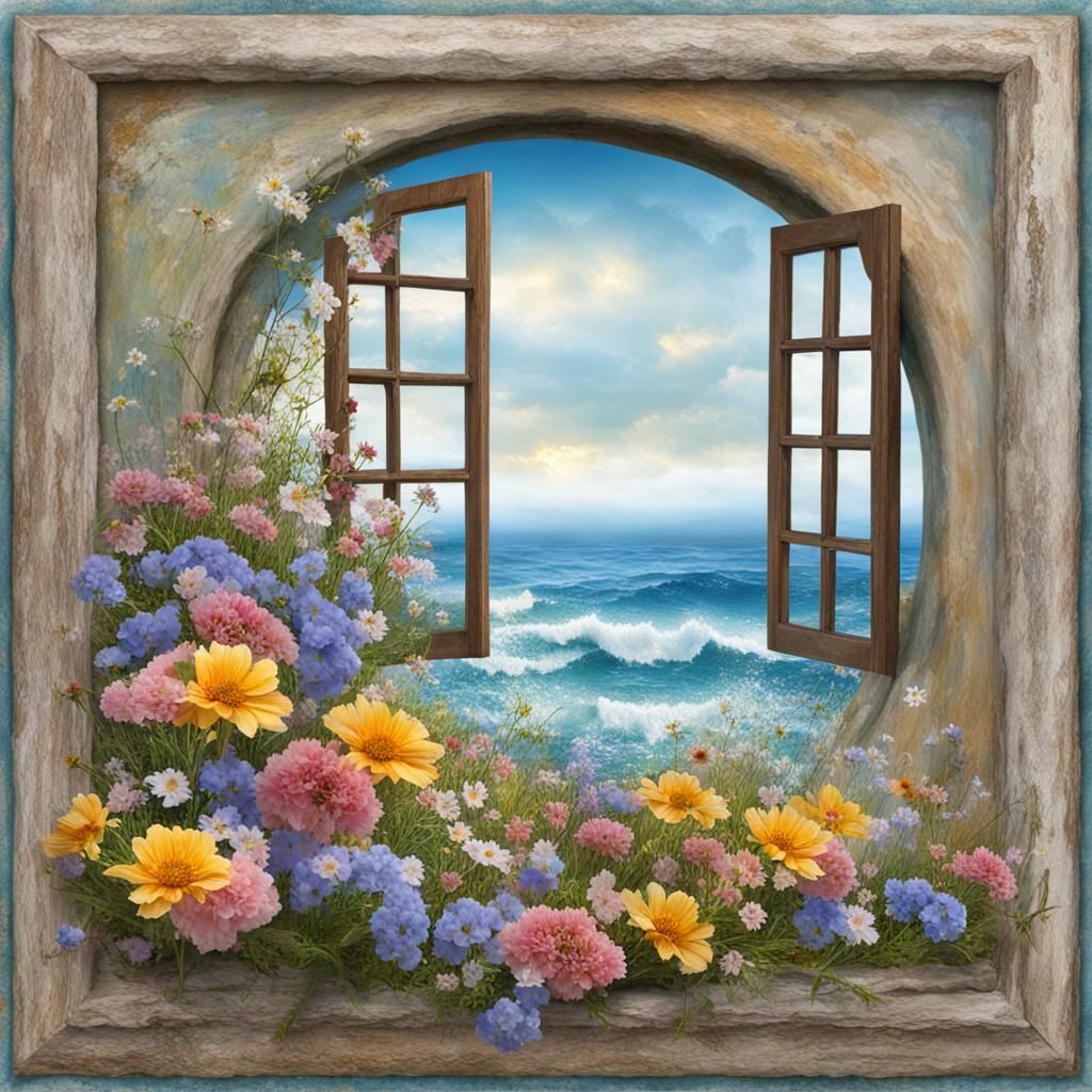 Seascape Framed by Wildflowers in Natural Collage