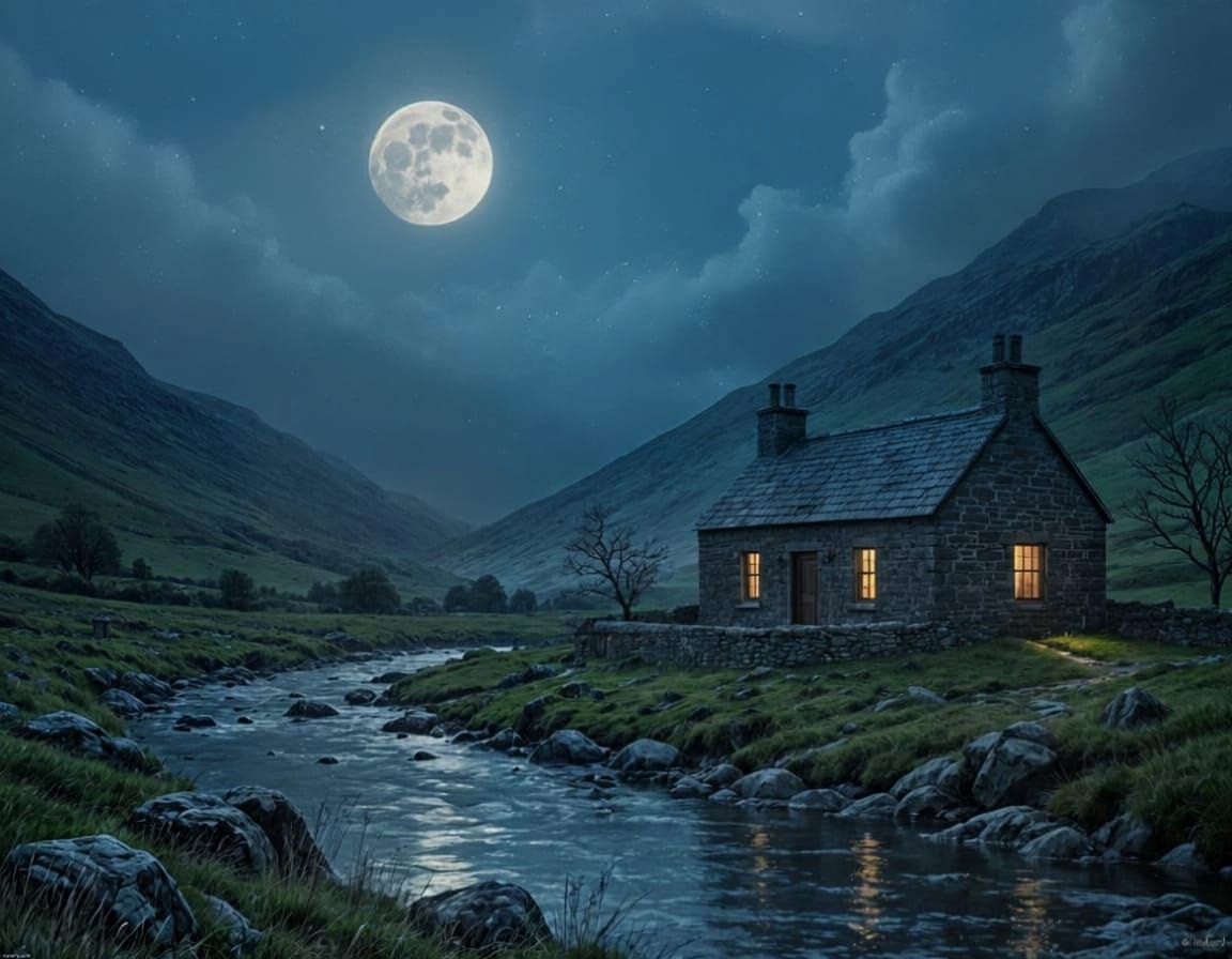 Stone Farmhouse Under Full Moon in Snowdonia