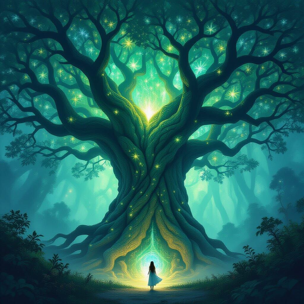 Ancient Bioluminescent Tree Forest with Ethereal Figures