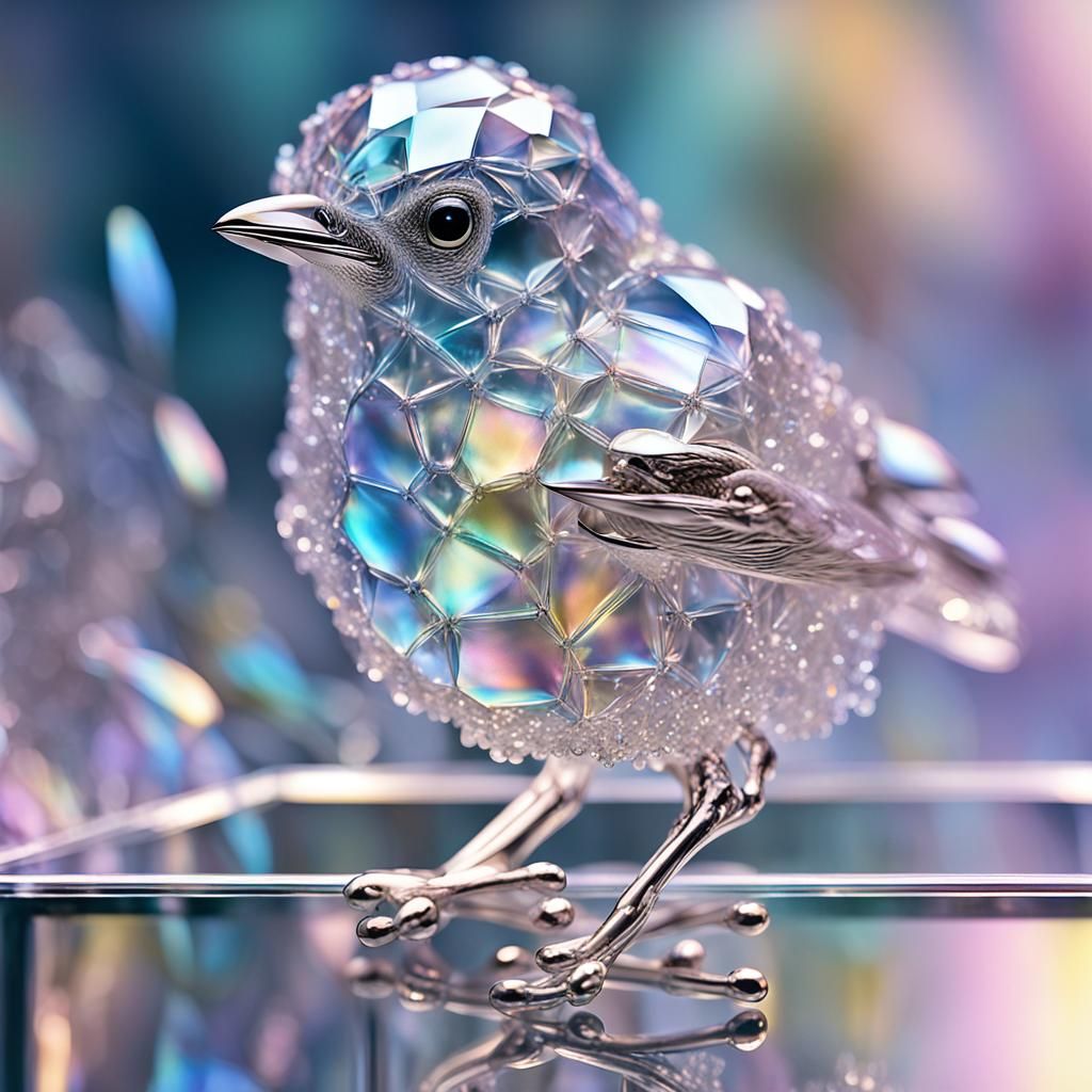 Iridescent Crystal Bird in Glass Box