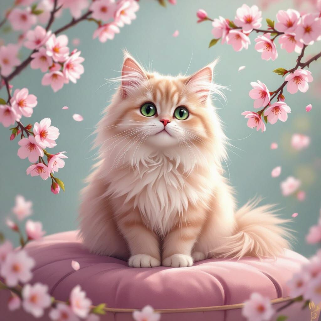Fluffy Pink Cat on Velvet Cushion with Cherry Blossoms