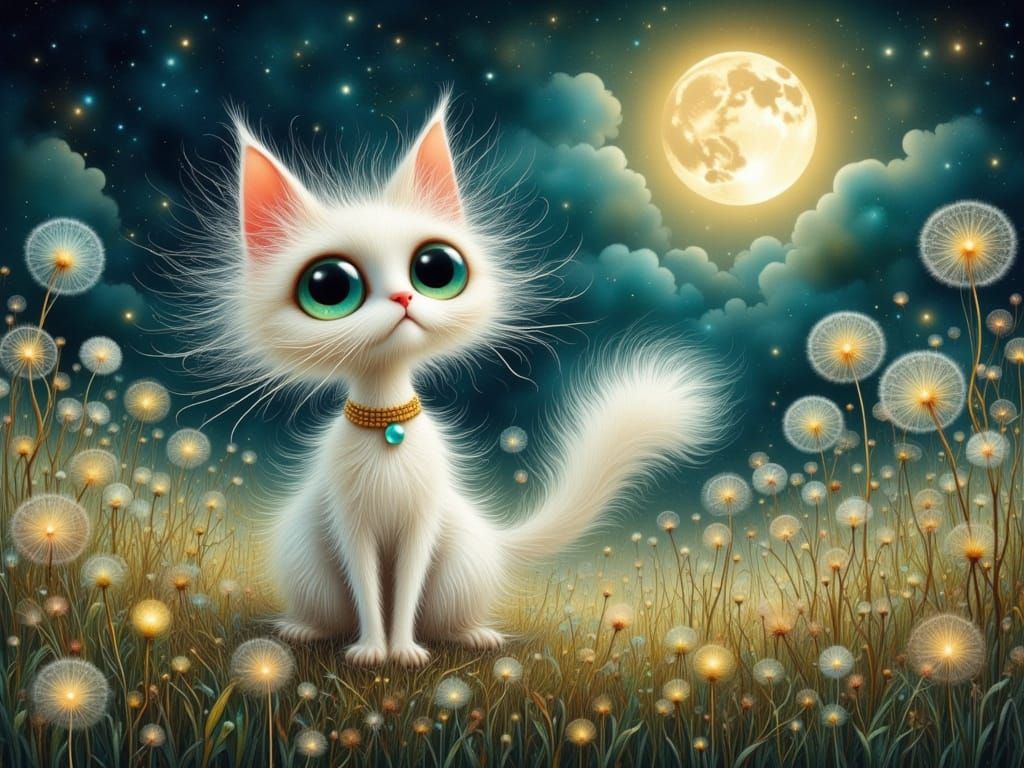 Fluffy Kitten Playing in Dandelion Field Under Moon