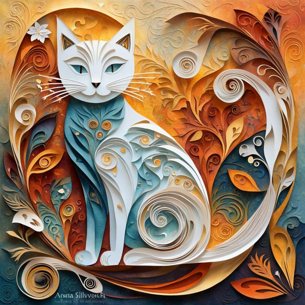 Abstract Paper-Cut Cats in Autumn Palette