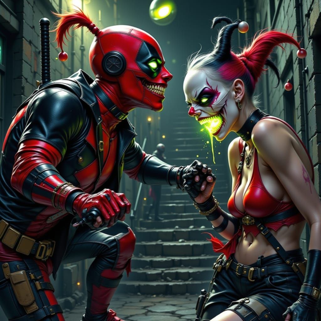 Deadpool & Harley Quinn Fight Under Neon Lights
