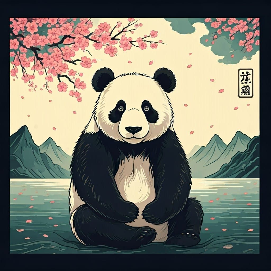 Panda Bear with Cherry Blossoms in Ukiyo-e Style