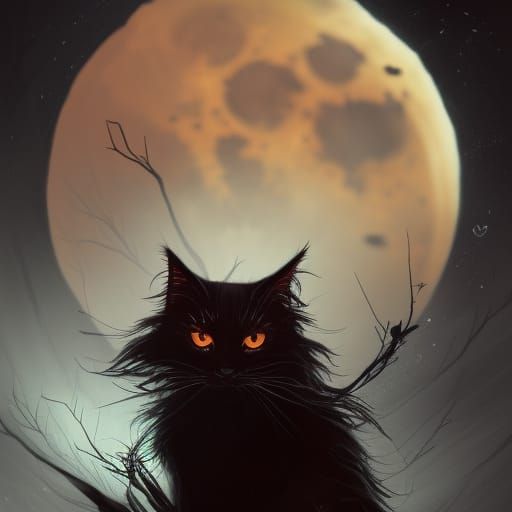 Scruffy Black Cat Under Spooky Moon