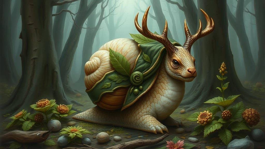 Mystical Forest Snail with Deer Horns