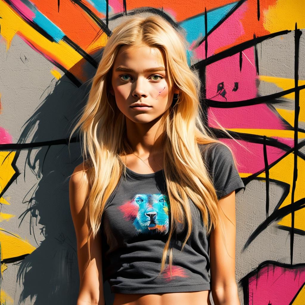 Street Art: Blonde Girl Sketches Lion in Basquiat Style