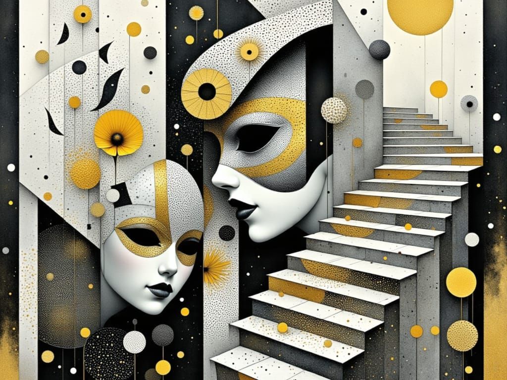 Golden Carnival Masks in Escher-Inspired Abyss