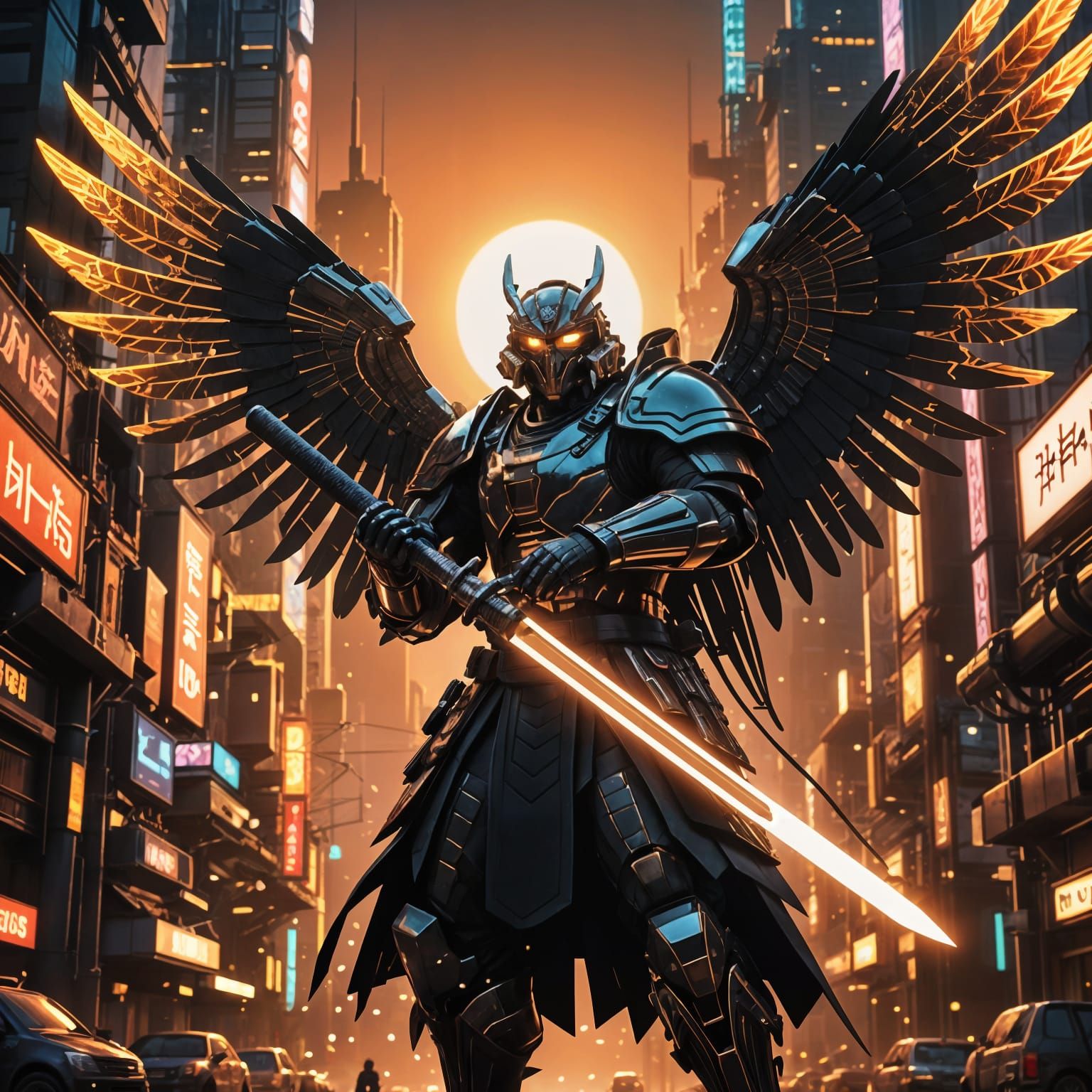 Cyberpunk Eagle Samurai Takes Flight