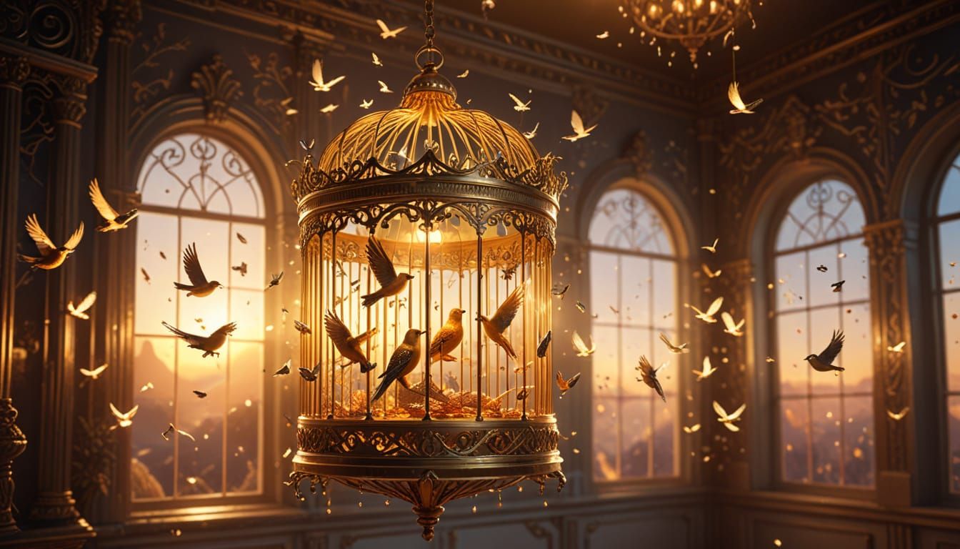 Golden Birdcage Unleashes Luminous Birds in Surreal Landscap...