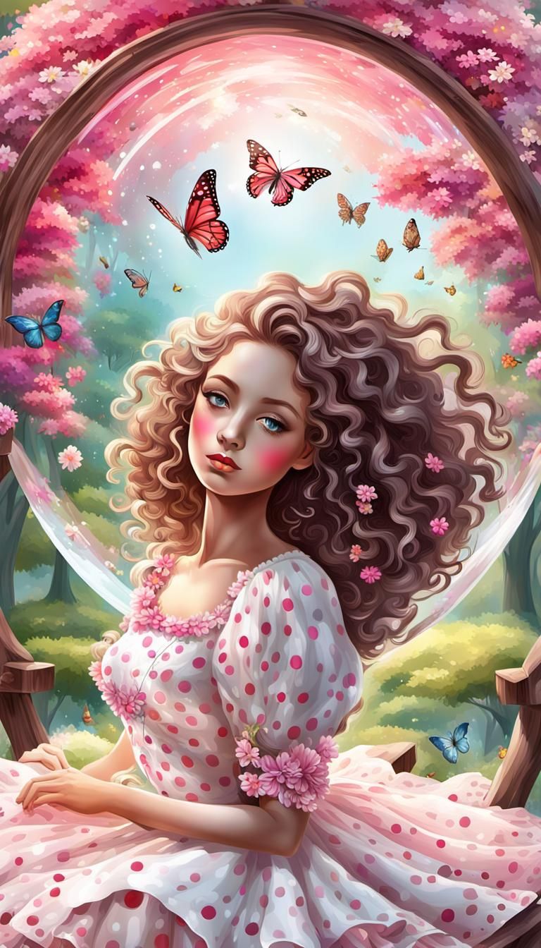 Digital art design for a glass bal. Inside the ball is a beautiful girl with curly hair, wearing a pink and white polka ...