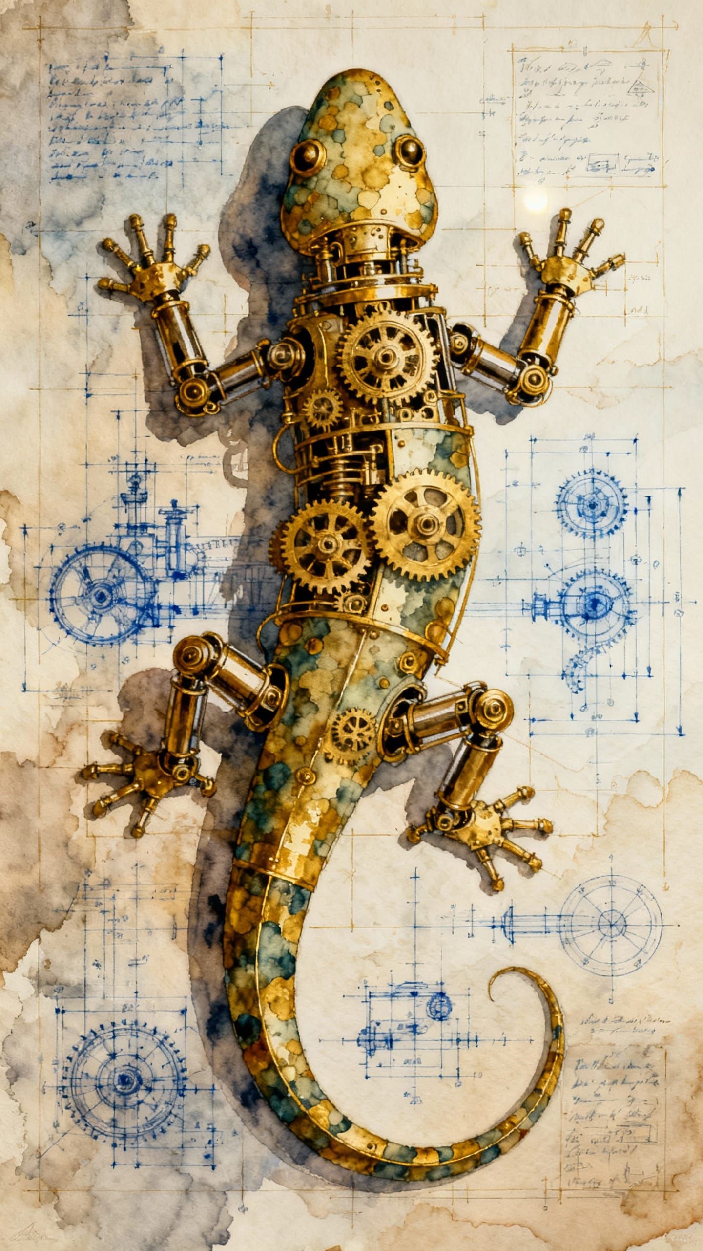 Mechanical Salamander Robot Schematic in Mannerist Style