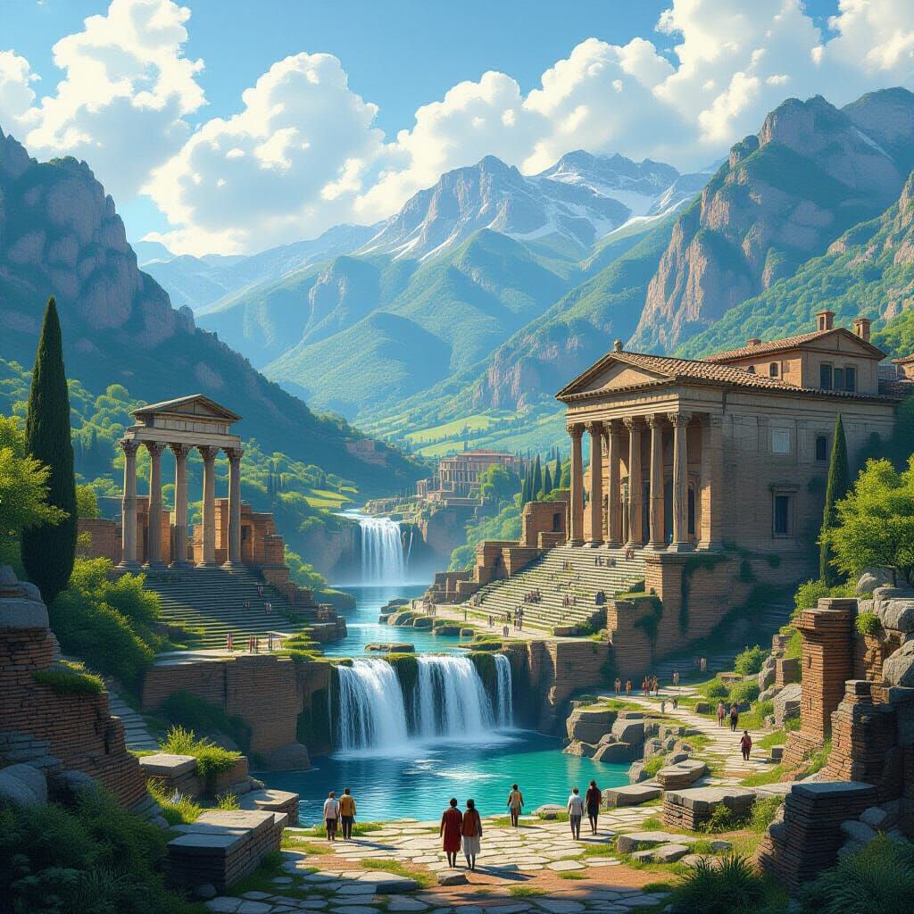 Italian Roman Ruins with Waterfall in Hyperrealistic Style