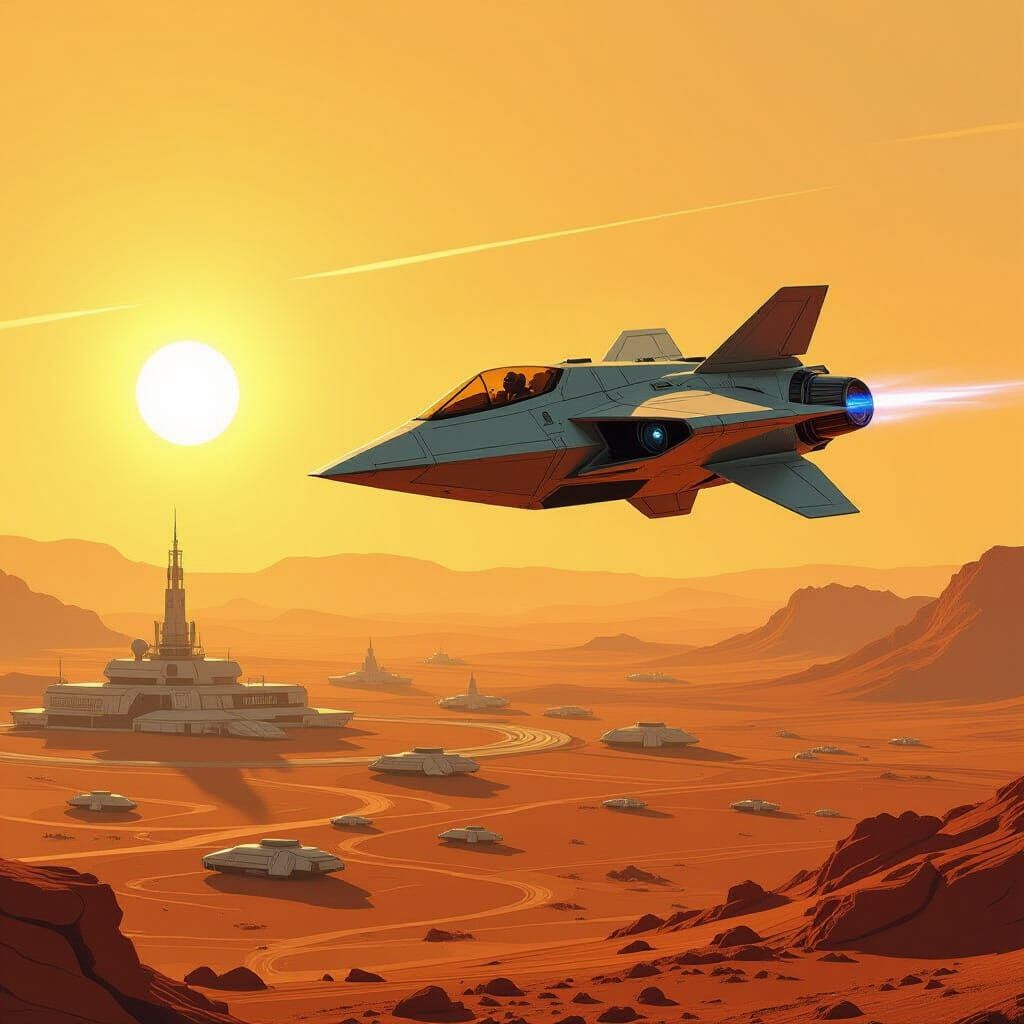 Triangular Spaceship over Mars Sunrise Settlement