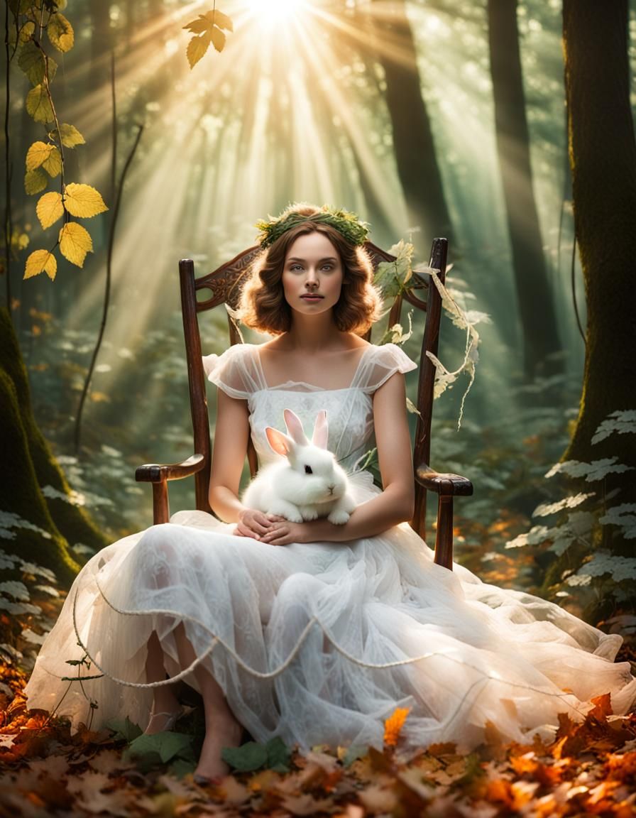 Ethereal Woman with Rabbit in Forest, Pen and Ink