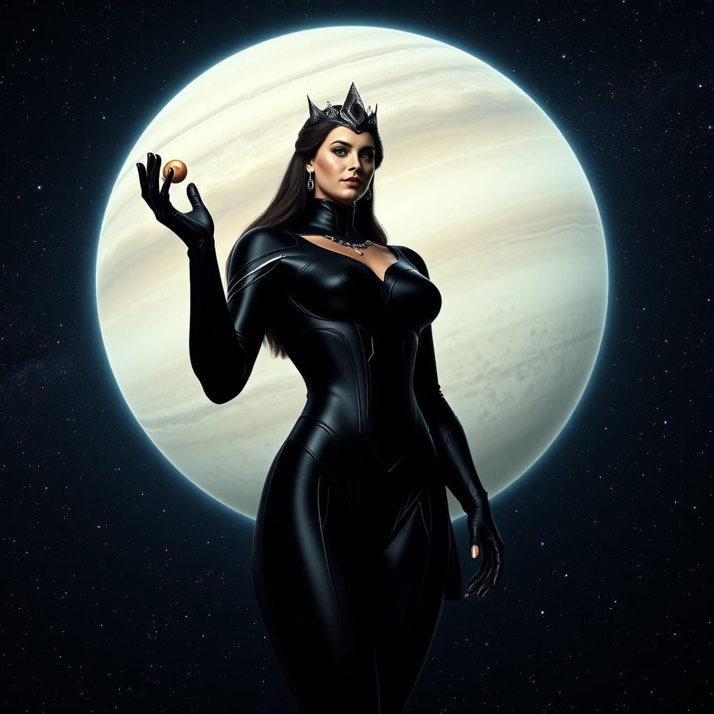 Giantess Empress in Cosmic Black Swimsuit, Holding Saturn