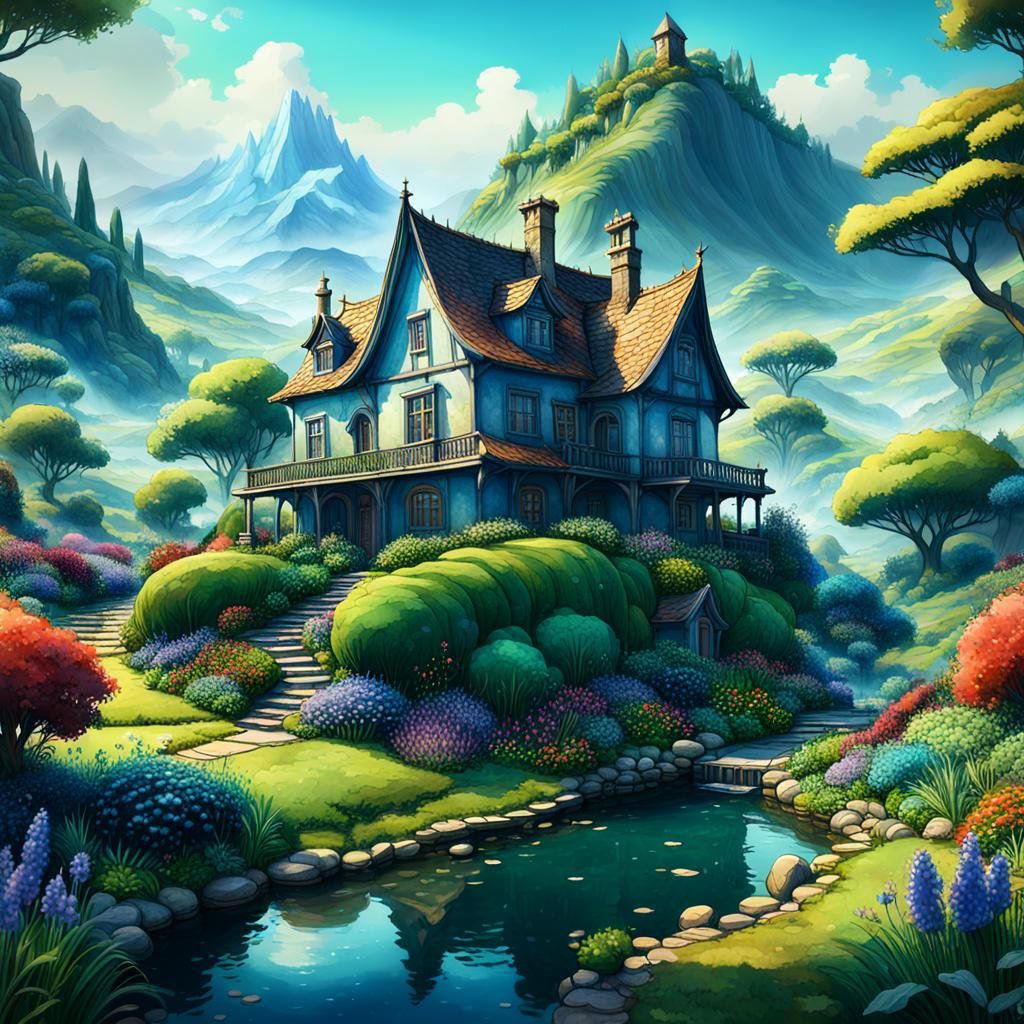 Watercolor House in Garden Concept Art