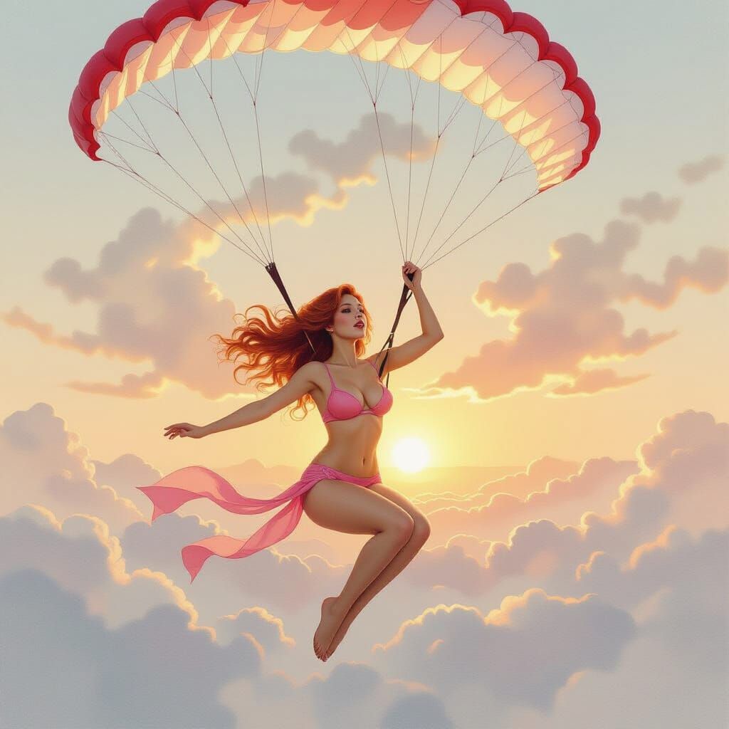 Redhead Pin-Up Woman Twirling with Parachute