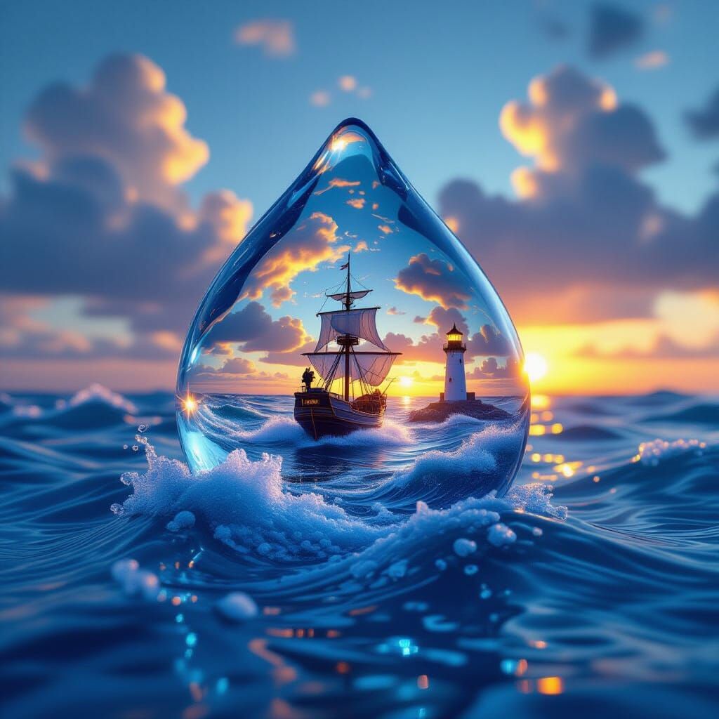 Dewdrop Seascape with Ship and Lighthouse
