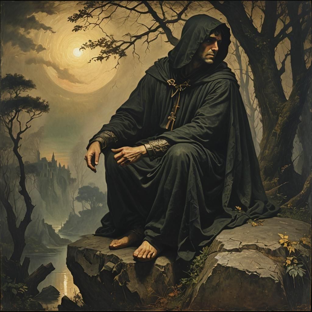 hunched over leaning cunning mischievous whispering devil oil painting, Arnold Bocklin style, eerie