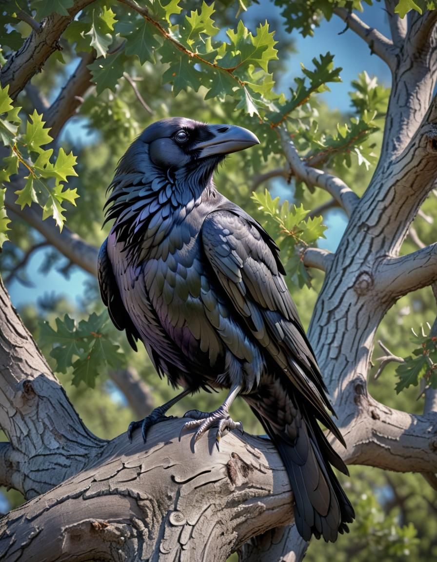 Detailed Raven in Oak Tree: Nature Photography