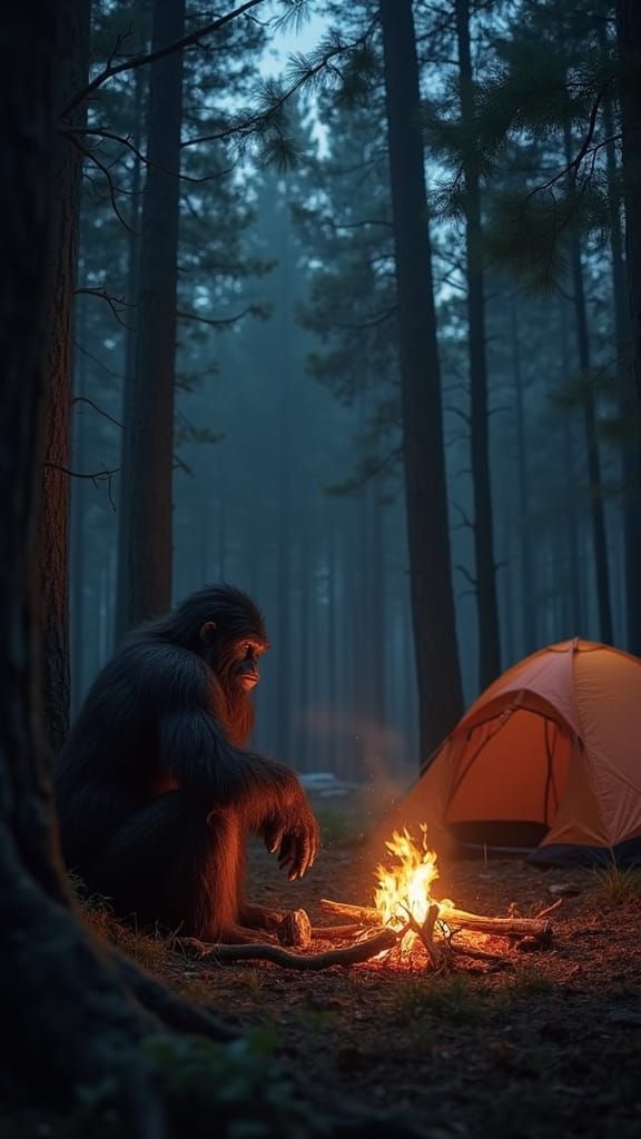 Hidden, An ancient bigfoot sits crouched down hiding among t...