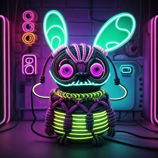 Cute Macrame Creature in Synthwave Neon Style