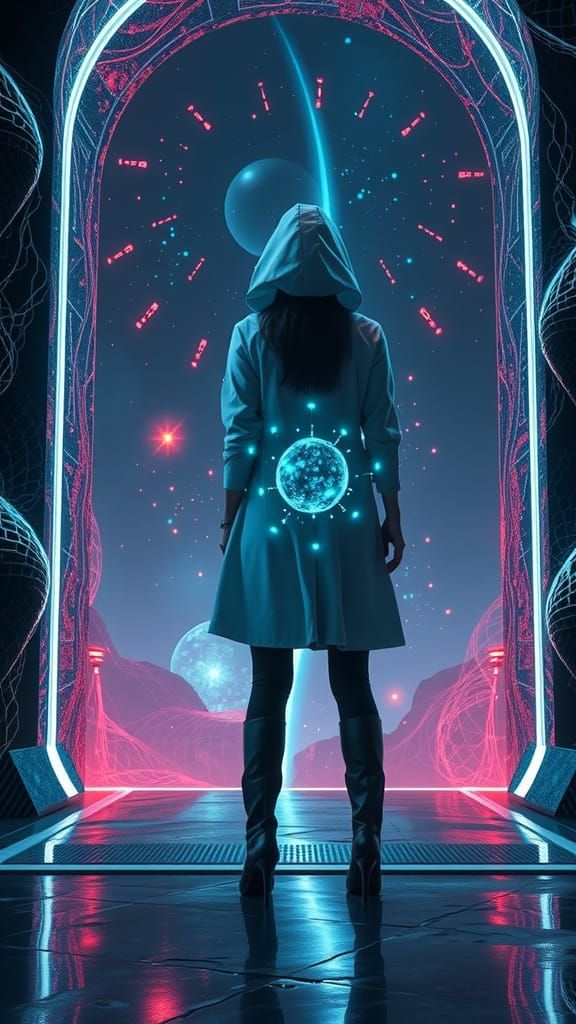 Zero-Gravity Postman Surrounded by Bioluminescent Wonders