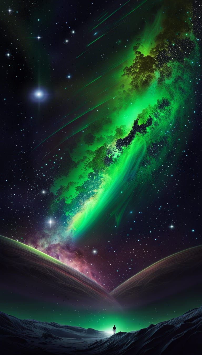 Mysterious Galaxy with Green Anomaly Digital Artwork