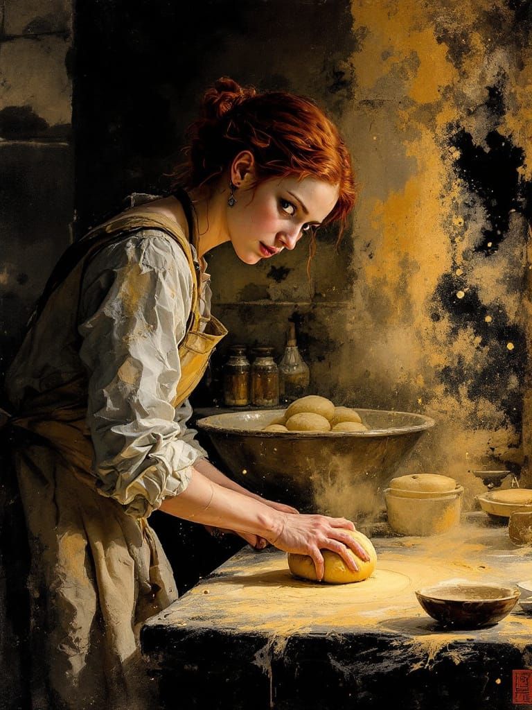 Baker Kneading Dough in Amber Light, Dutch Master Style