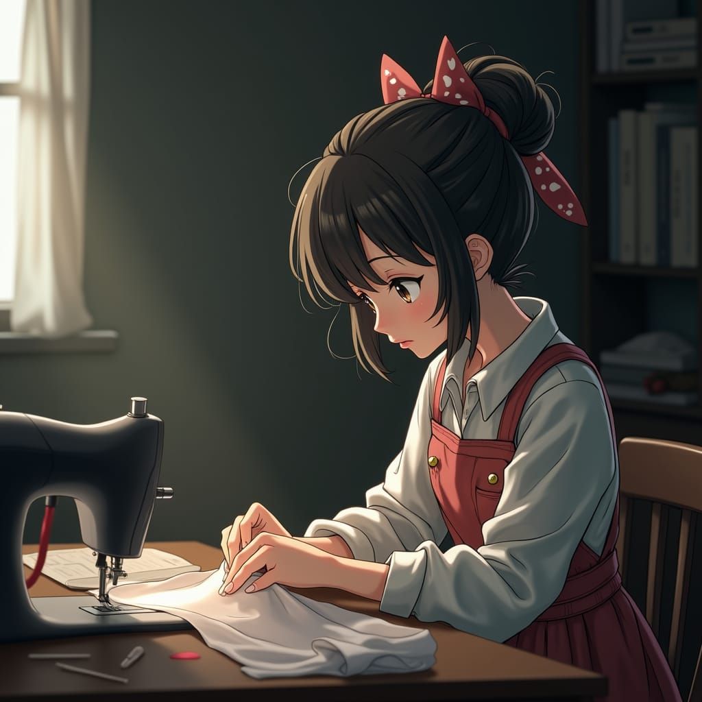 Anime Girl Sewing Dress with Sharp Focus