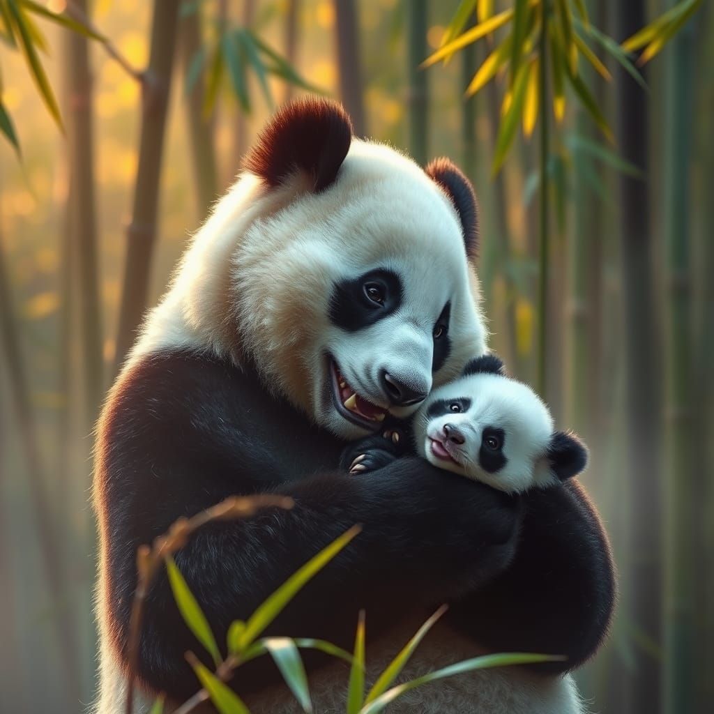 Mother Panda Adores Newborn Cub in Bamboo Forest