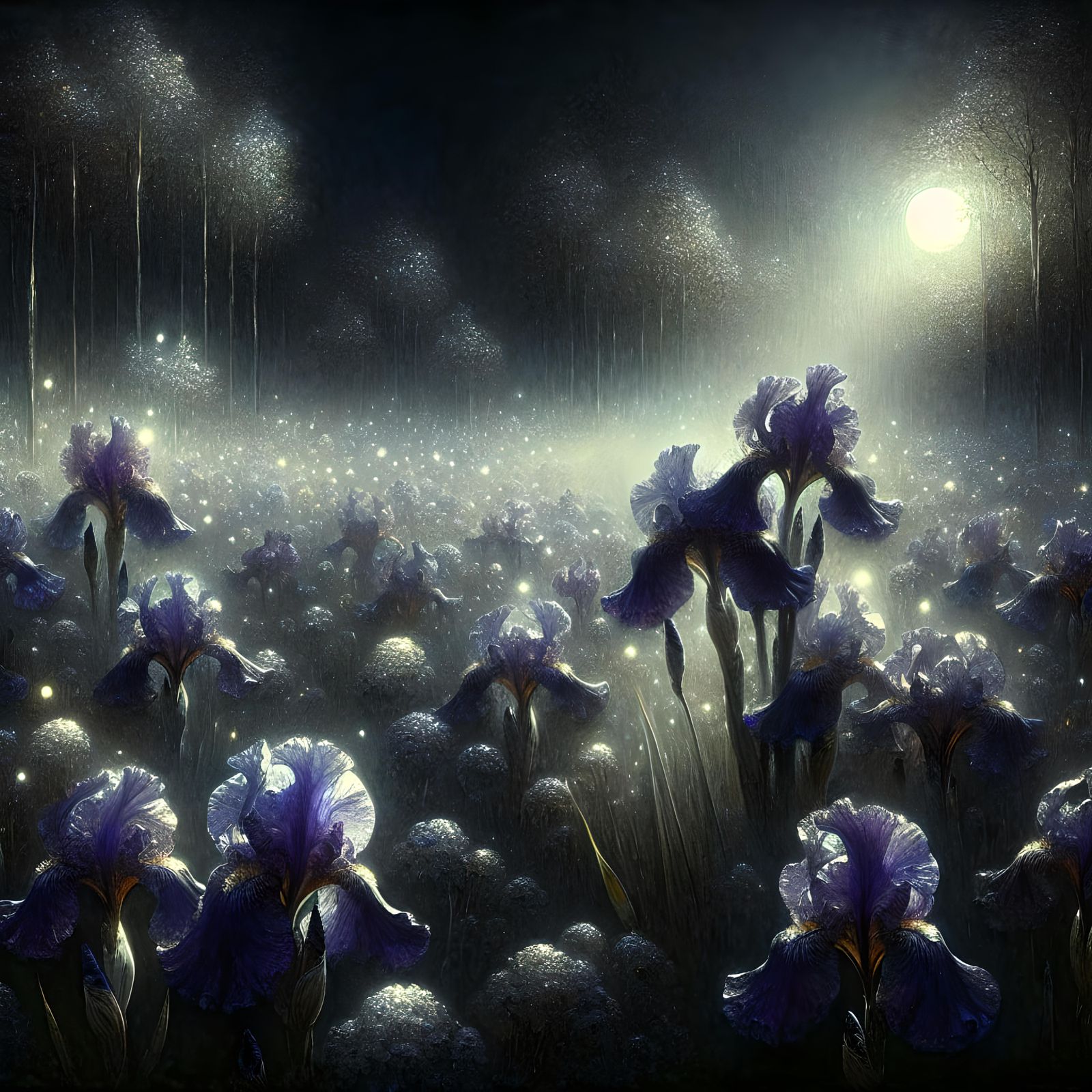 Moonlit Black Irises in Romantic Watercolor Style