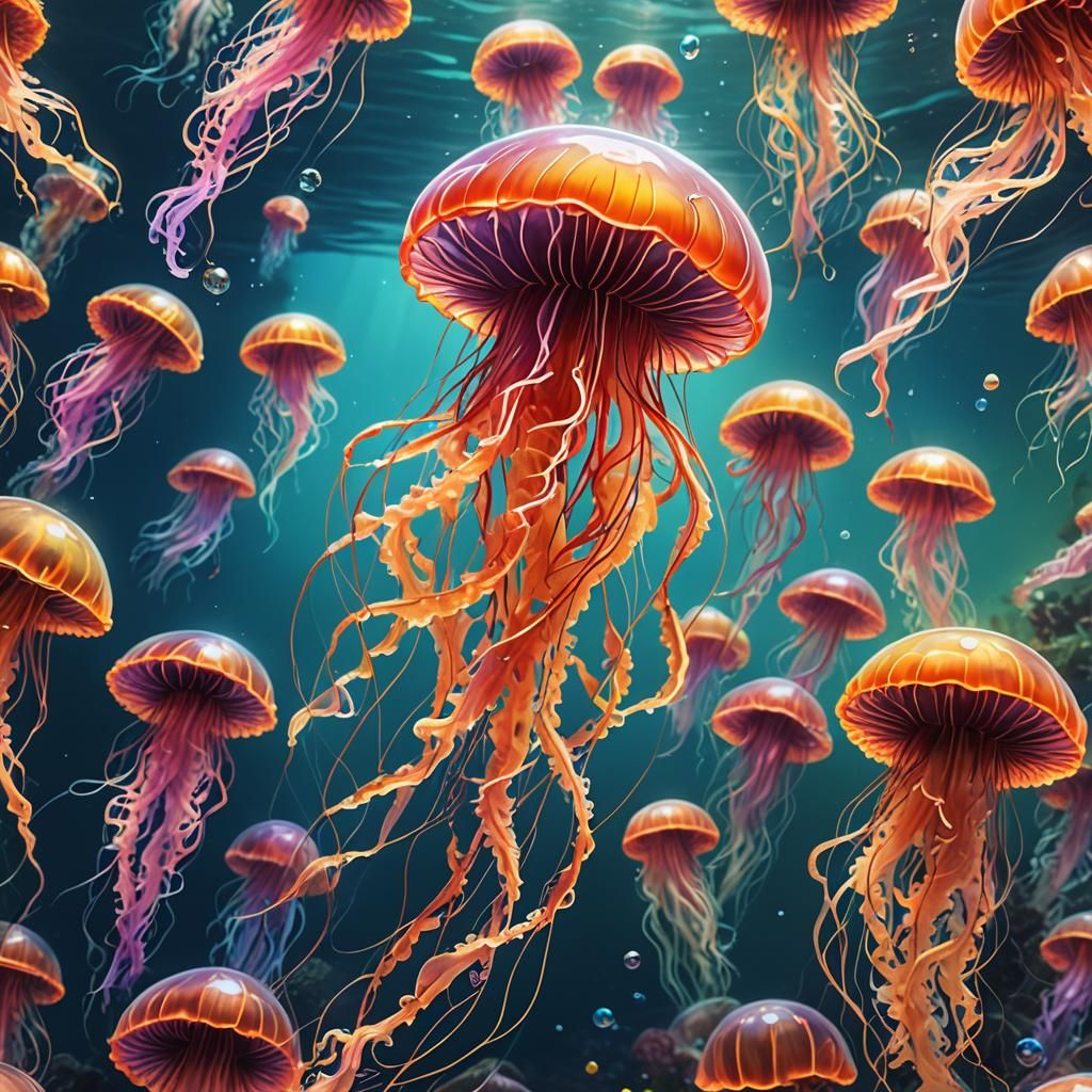 Neon Jellyfish Ascends: Hyperrealistic Underwater Scene