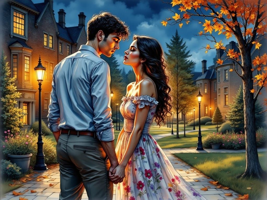 College Sweethearts About to Kiss, Colored Ink Drawing