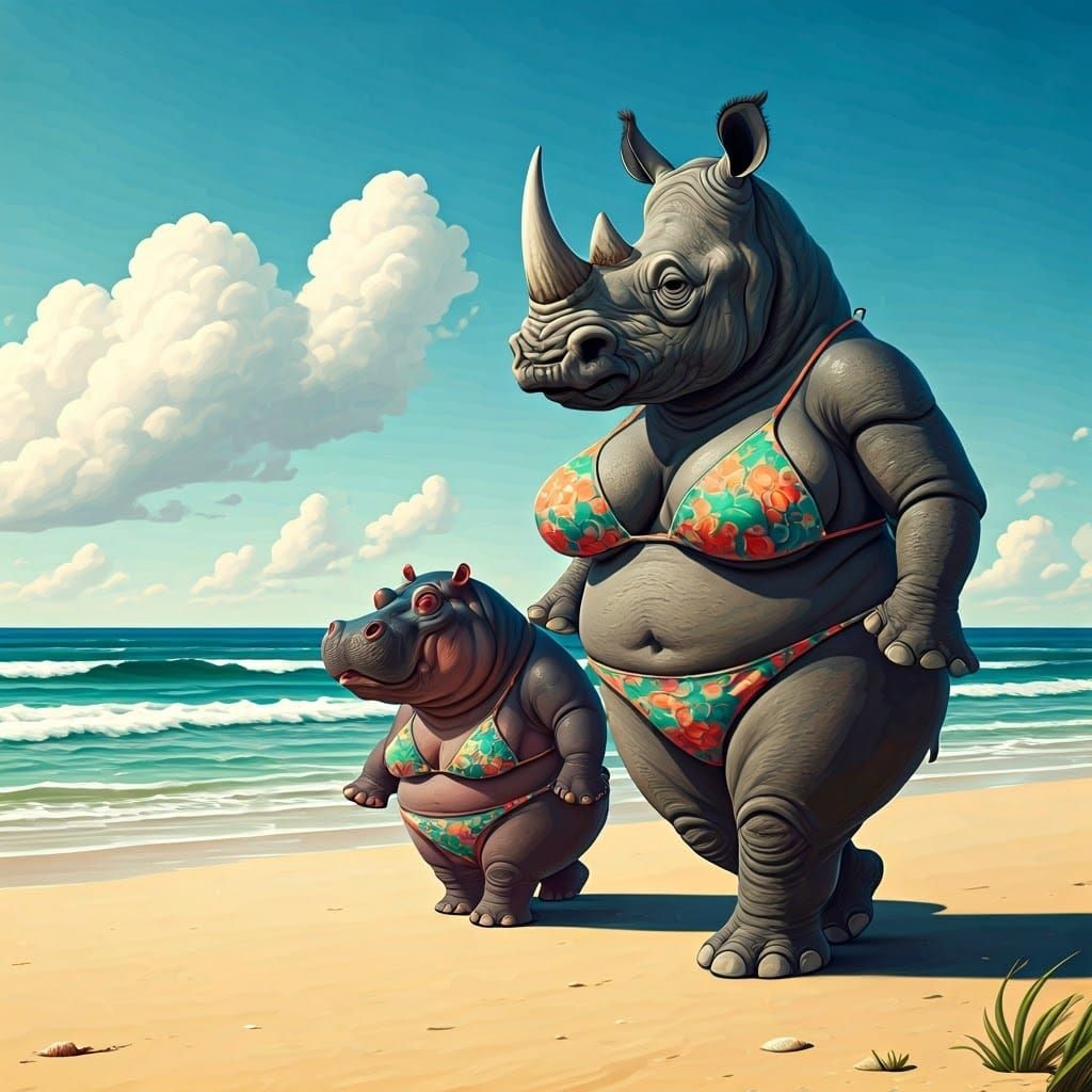 Anthropomorphic Rhino and Hippo on Beach, Kley Style
