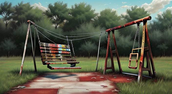 Abandoned Rusty Swing Park with Overgrown Weeds