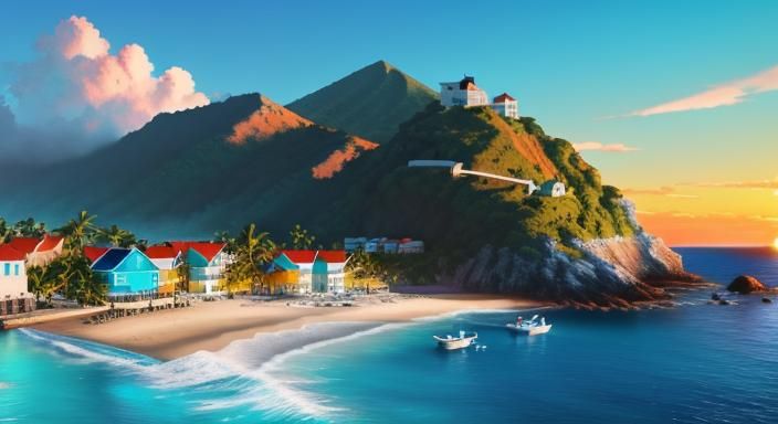 Coastal Village Sunrise with Sailboat: Hyperrealistic Splash...