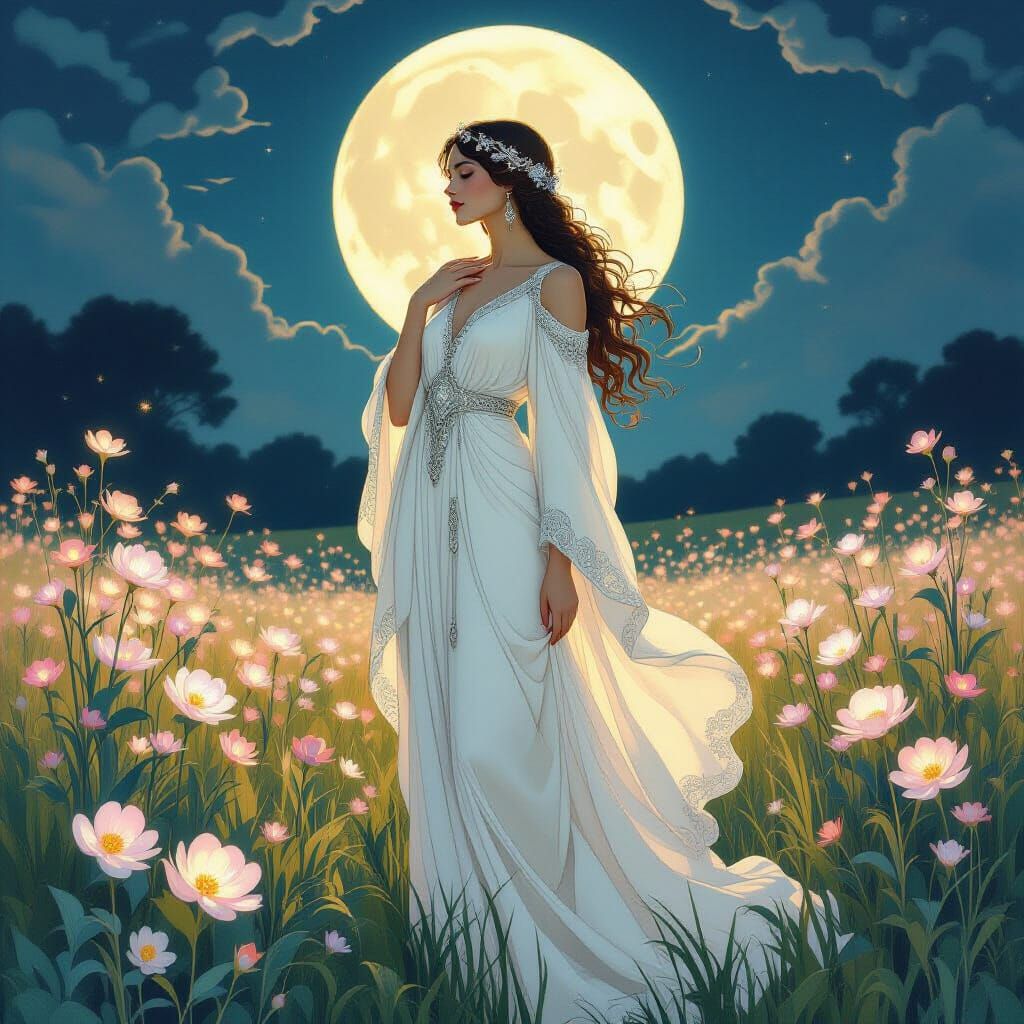 Goddess in Art Nouveau Style with Glowing Flora