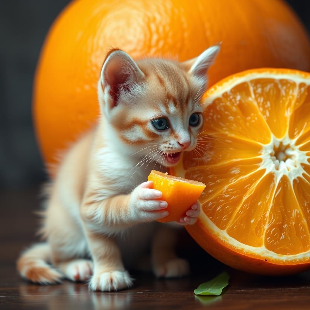Hyperrealistic Cute Kitten Savoring a Juicy Orange