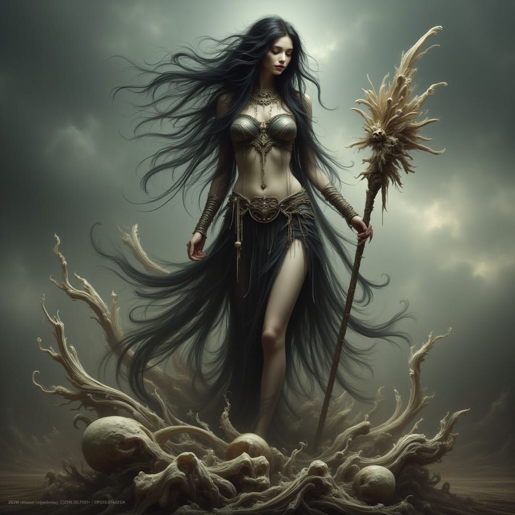 Dark Fantasy Girl with Bone Staff in Wasteland